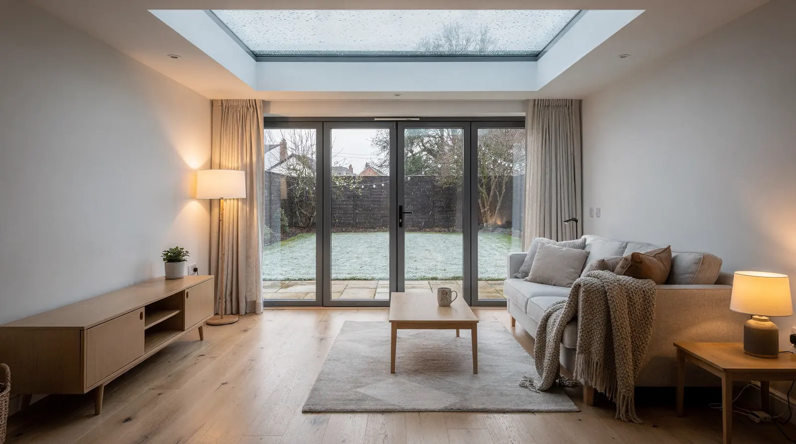 Living room under a large rooflight on a winter day