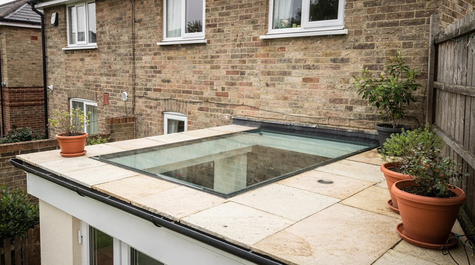 Flush walk-on glass panel set into a roof terrace