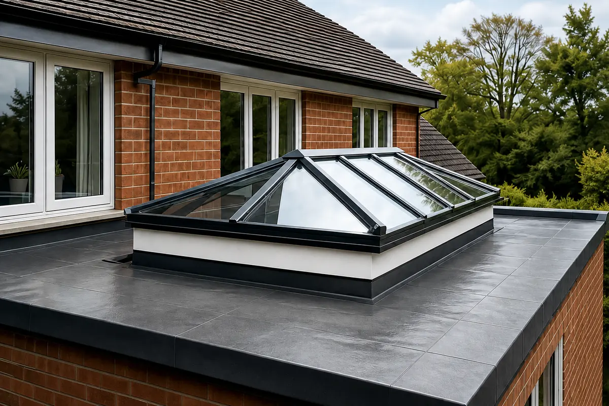 Roof lantern on the flat roof of a brick kitchen extension