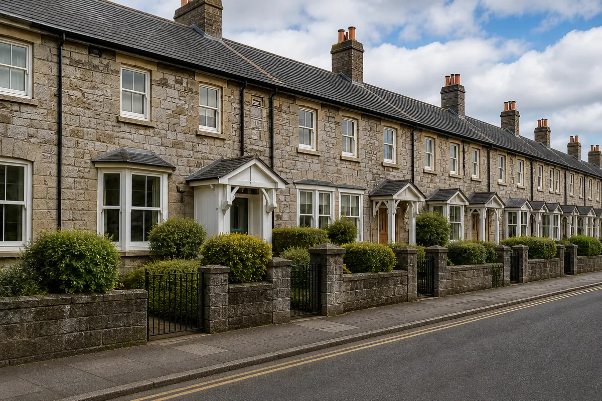 Row of grey limestone Victorian railway cottages