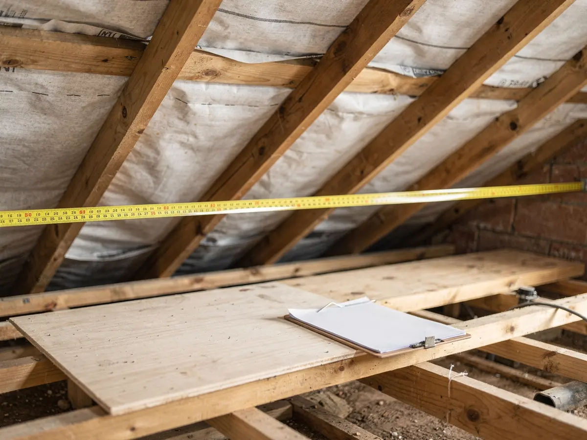 Tape measure between loft rafters during a survey