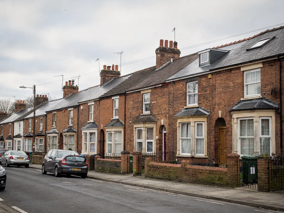 Victorian brick terrace street with slate roofs