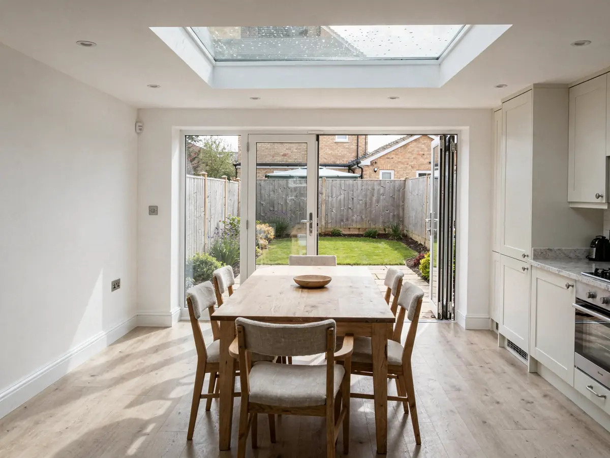 Dining table under a roof lantern in a kitchen extension