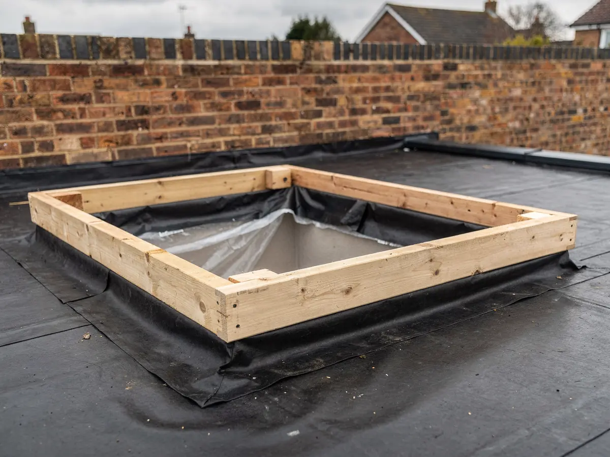 Raised kerb upstand wrapped in membrane on a flat roof
