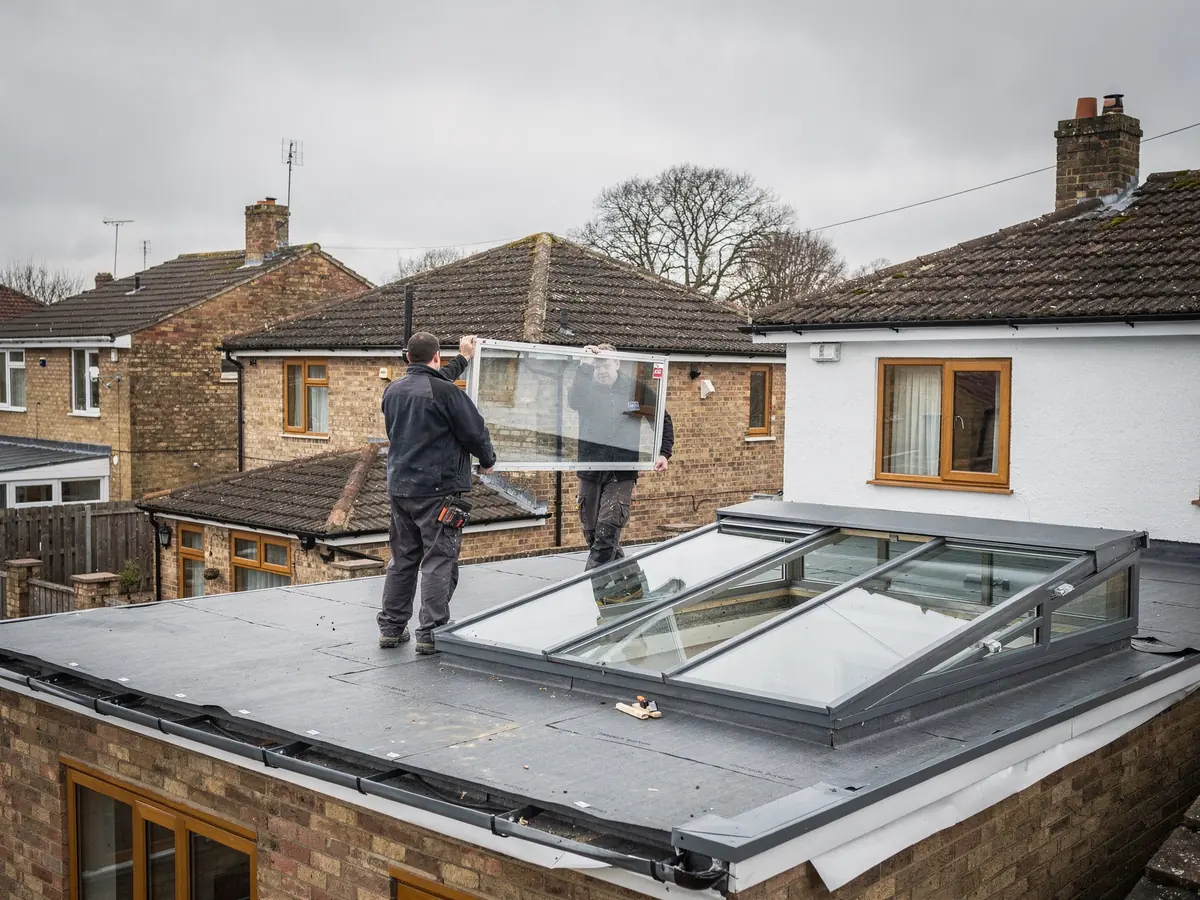 Glazed panel being lifted into a roof lantern frame
