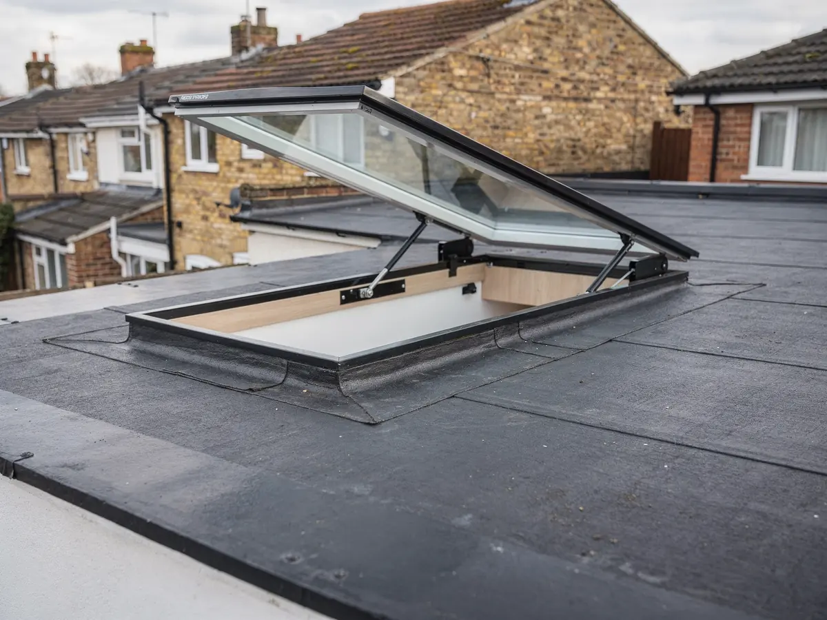 Opening flat rooflight raised on an electric actuator